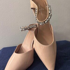 Linea Paolo Nude Heels with Rhinestone Strap